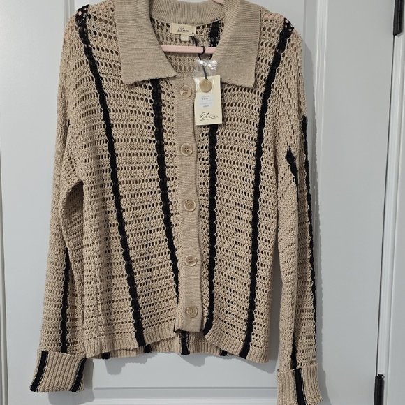 Elan Sweaters - Elan Beige and Black Knit Cardigan